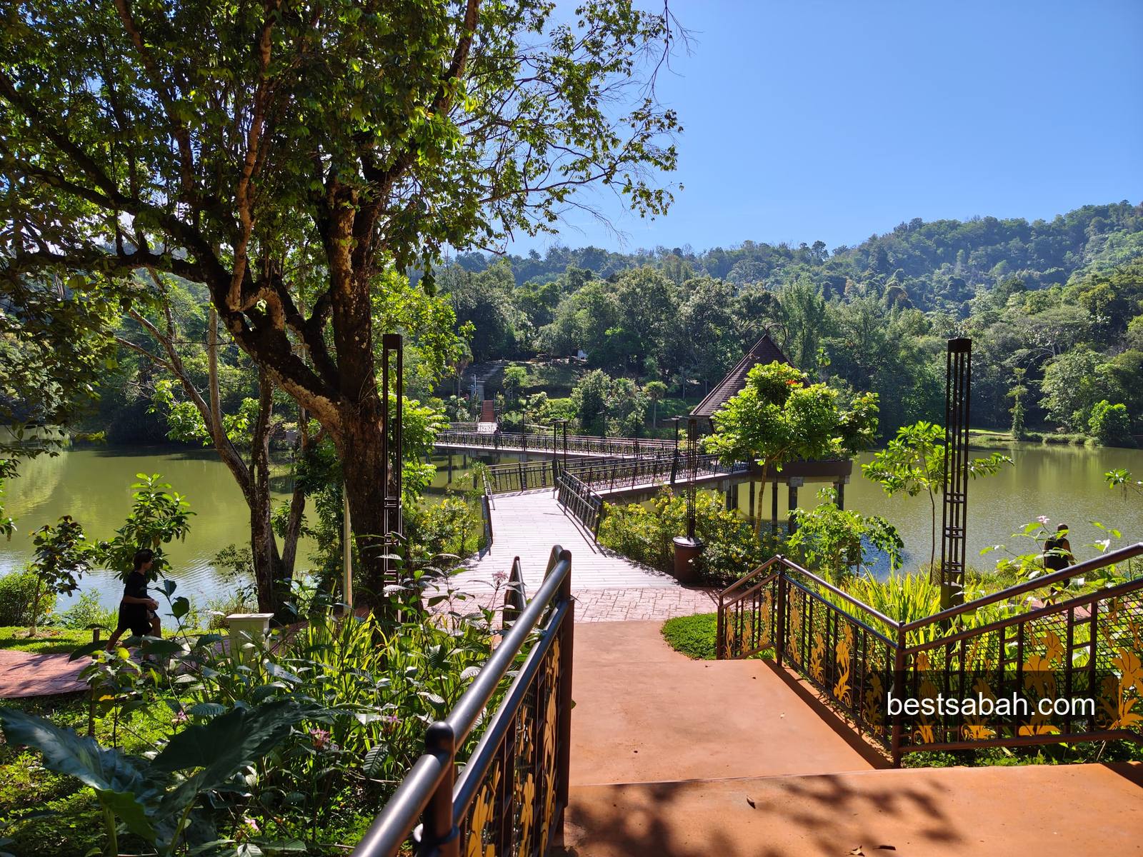 Wooden bridge and lake at Taman Botani Tun Fuad Stephens botanical garden KK