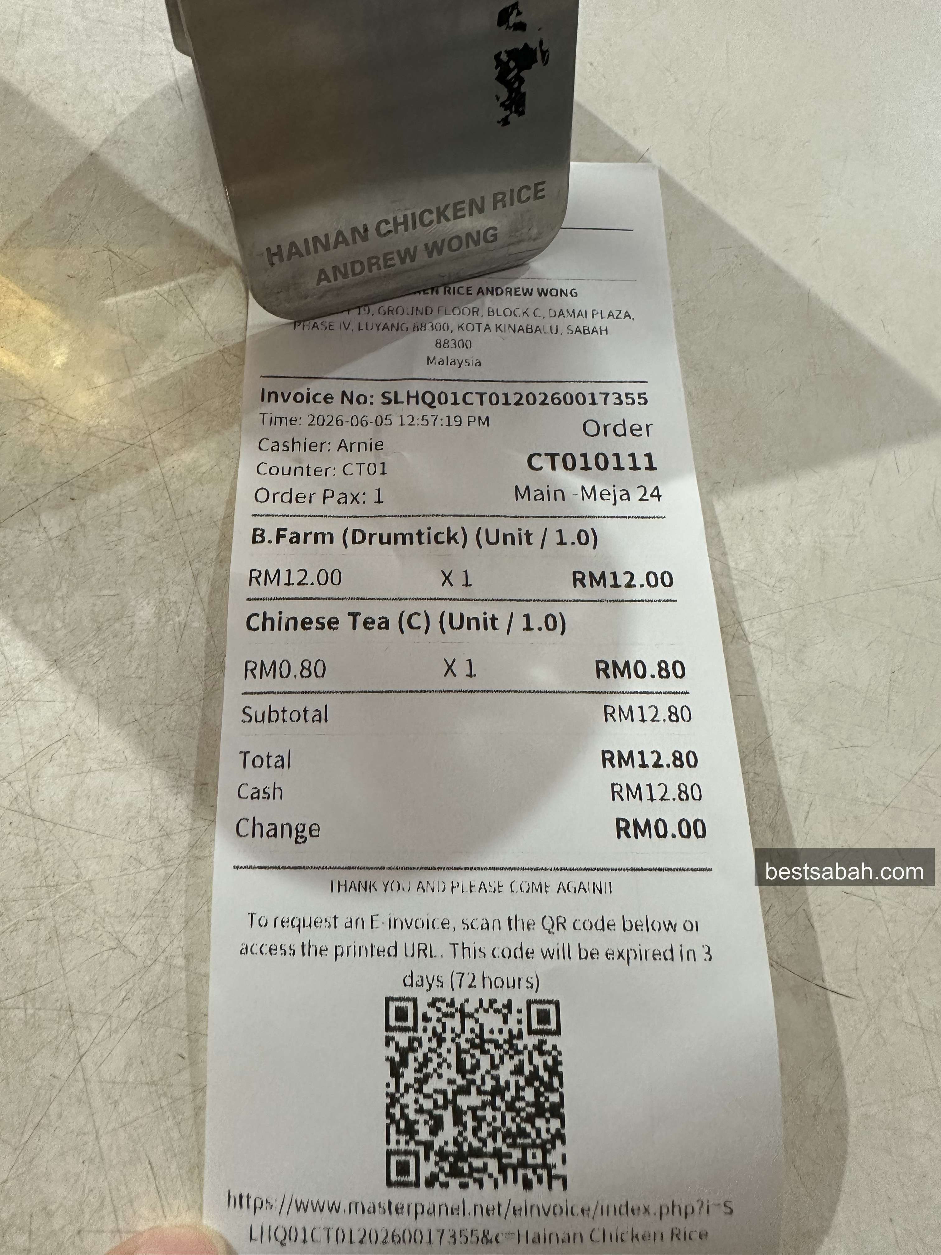 Receipt from Andrew Wong chicken rice showing affordable prices at Damai Plaza KK