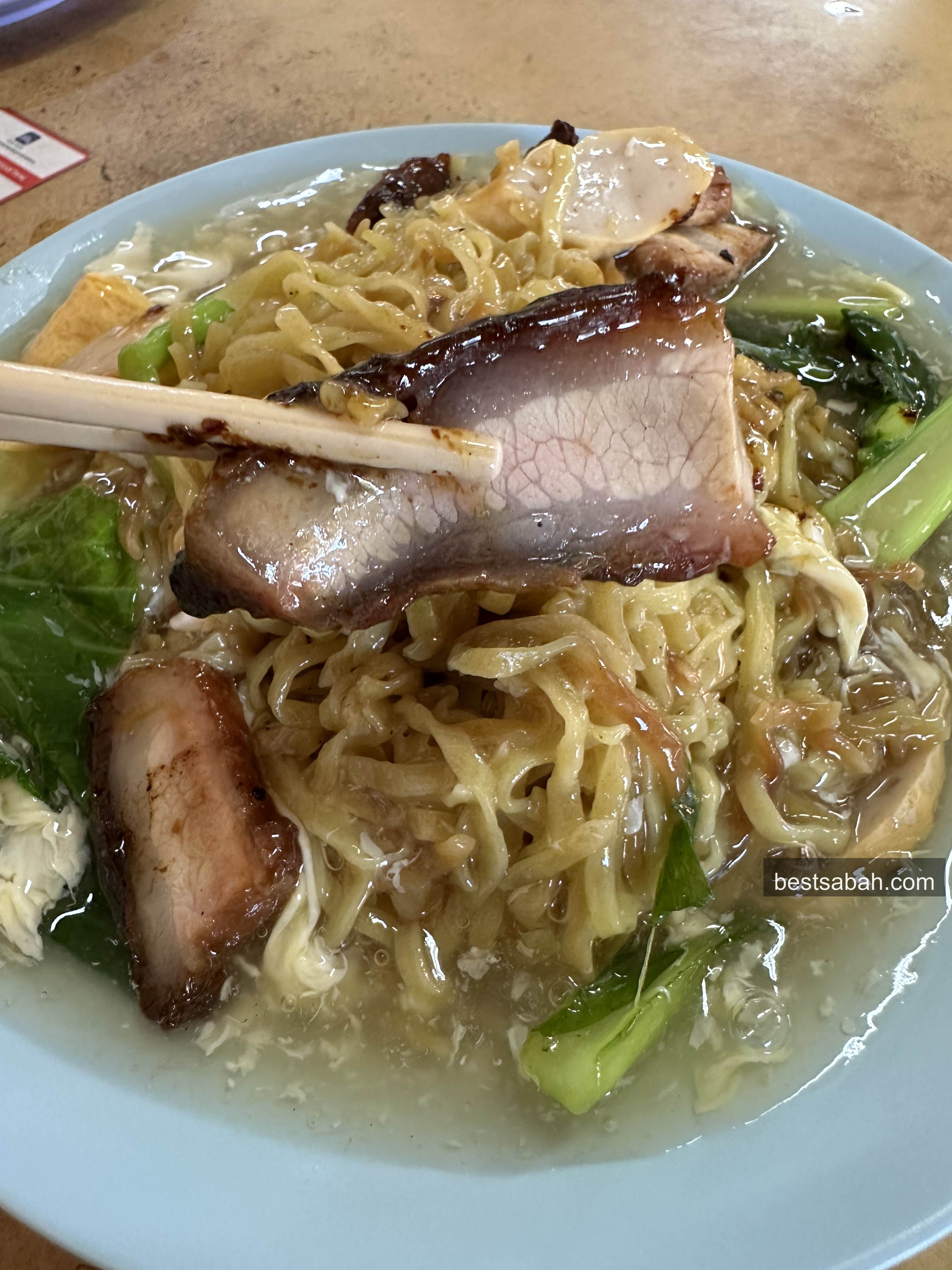 Fatty char siew BBQ pork on top of tenom mee at Towering Tenom Mee