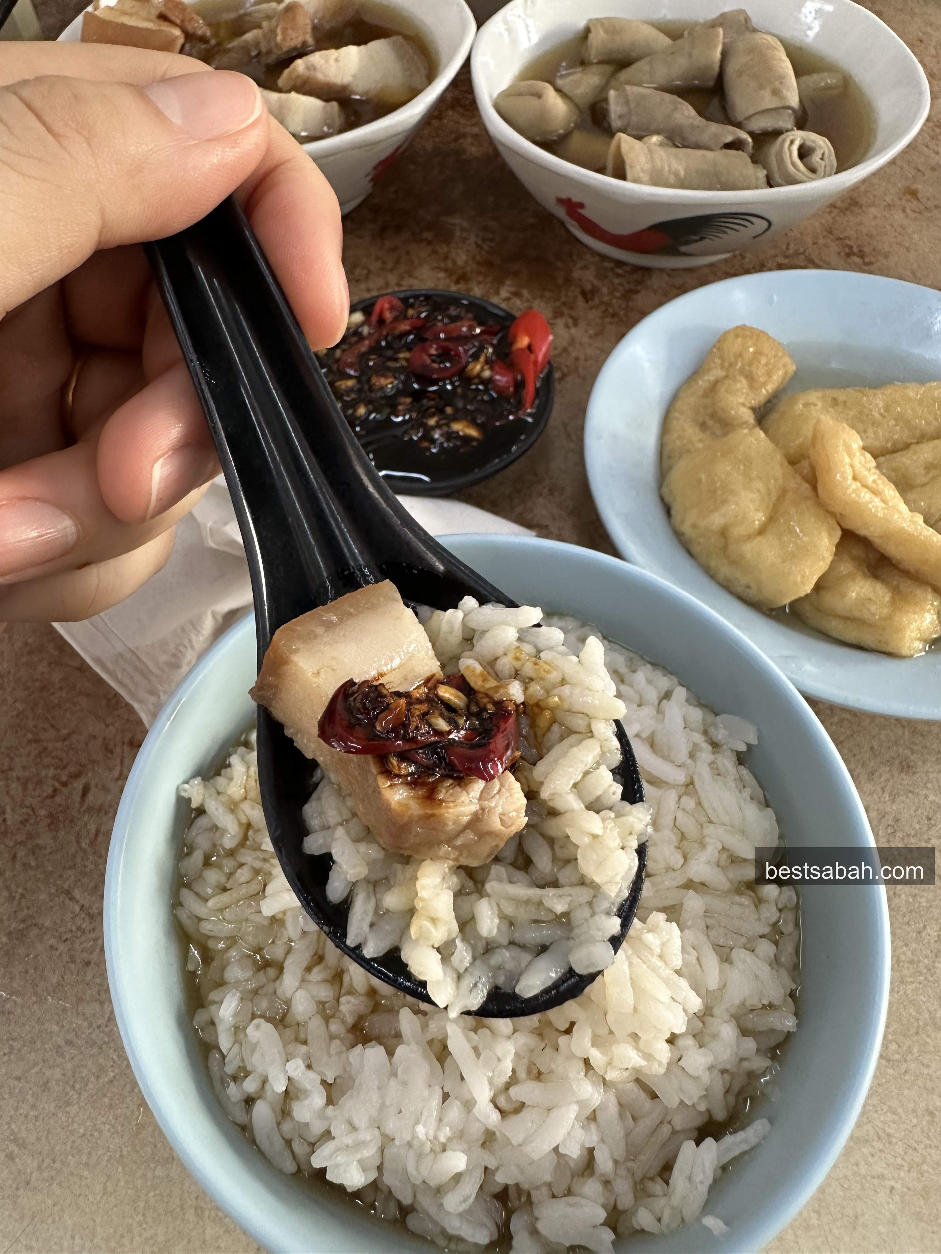 The perfect bak kut teh spoonful at Yu Kee with pork and broth together